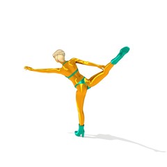 Beautiful sexy fitness girl. Pretty woman wearing turquoise lingerie and boots. Dancing pose. 3D rendering.