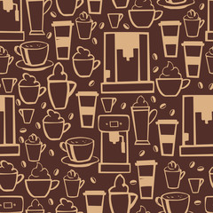 Hand drawn coffee.  Vector  seamless pattern