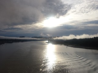 Panama Canal, Panama, river, canal, water, sun, sunset, clouds, sky, fog, adventure, nature