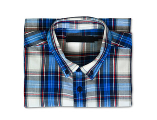 clipping path, top view of folded red and blue color plaid shirt isolated on white background