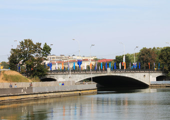 The capital of the Republic of Belarus. - Minsk city. The Maxim Gorky Park. Bridge over the river Svisloch.