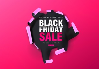 Black Friday sale background. Hole in pink paper. Big Sale, black friday, creative template. Vector illustration.