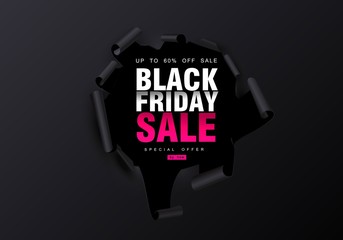 Black Friday sale background. Hole in black paper. Big Sale, black friday, creative template. Vector illustration.