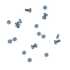 Top View of Several Bolts and Nuts scattered