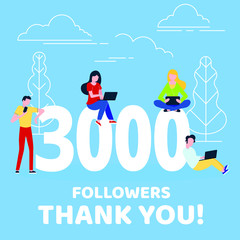 Thank you 3000 followers numbers postcard. People man, woman big numbers flat style design 3k thanks vector illustration isolated on confetti background. Template for internet media and social network