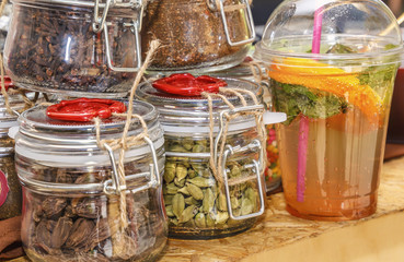 Oriental spices - cardamom, pepper, cloves are packed in jars with rope filling and wax seal....