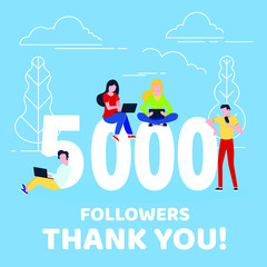 Thank you 5000 followers numbers postcard. People man, woman big numbers flat style design 5k thanks vector illustration isolated on confetti background. Template for internet media and social network