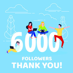 Thank you 6000 followers numbers postcard. People man, woman big numbers flat style design 6k thanks vector illustration isolated on confetti background. Template for internet media and social network