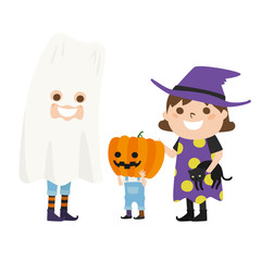 ハロウィンを楽しむ家族のイラスト。家族はそれぞれオバケやかぼちゃ、魔女の格好をしている。