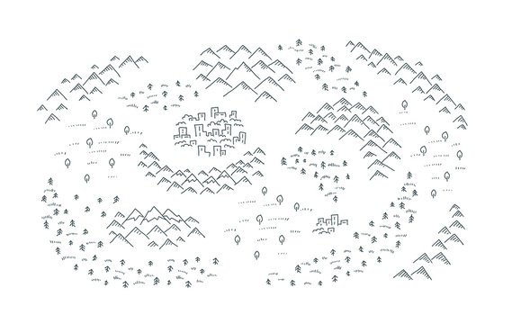 Draw Map With Mountains, Forest And Small Town