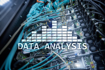 Big Data analysis text on server room background. Internet and modern technology concept.