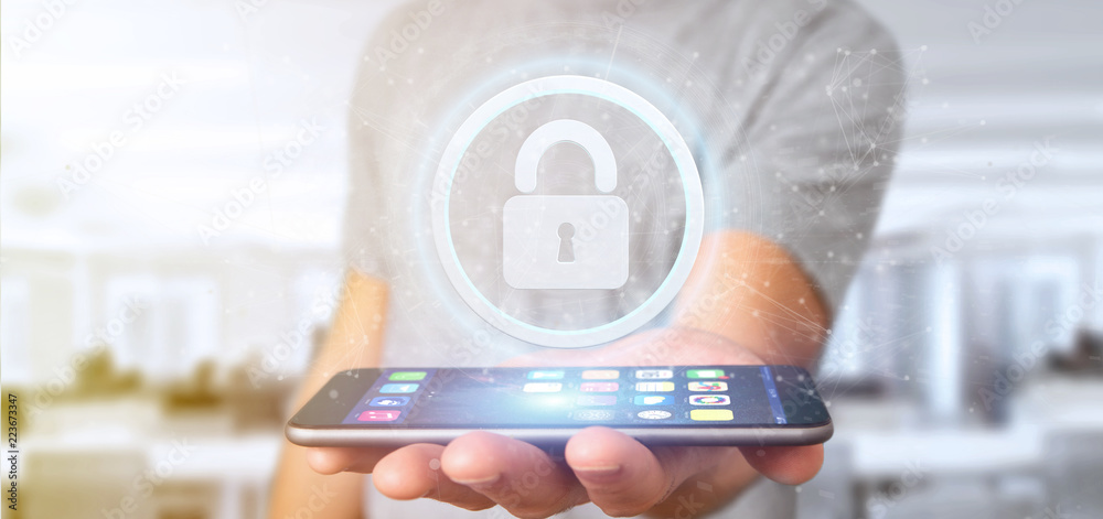 Poster man holding a shield web security concept 3d rendering