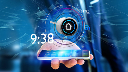 Businessman holding a Button of a smart home automation app over a smartphone- 3d rendering