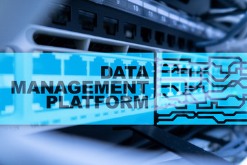 Data management and analysis platform concept on server room background.