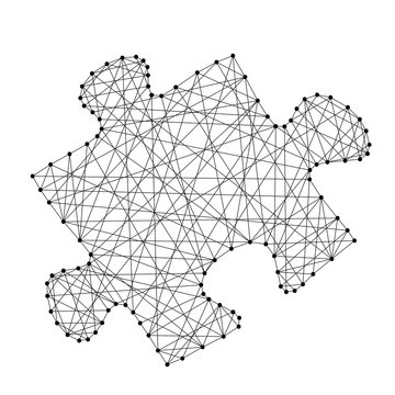 Puzzle one piece sumbol from abstract futuristic polygonal black lines and dots. Vector illustration.