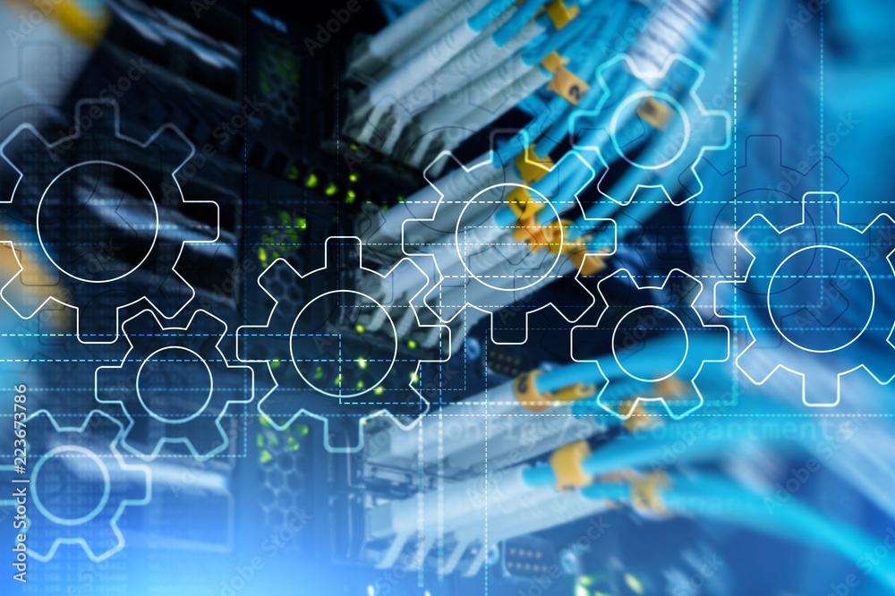 Wall mural gears mechanism, digital transformation, data integration and digital technology concept.