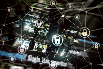 Cyber security, information privacy, data protection concept on modern server room background. Internet and digital technology concept.