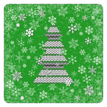Vintage card. Knitting. Christmas tree. Snowflakes background. White elements, green background, frame
