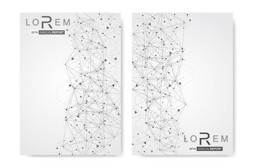 Scientific brochure design template. Vector flyer layout, Molecular structure with connected lines and dots. Scientific pattern atom DNA with elements for magazine, leaflet, cover, poster design.