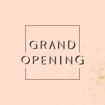 Grand opening. Modern geometric banner with pink and golden background. Vector illustration on white background