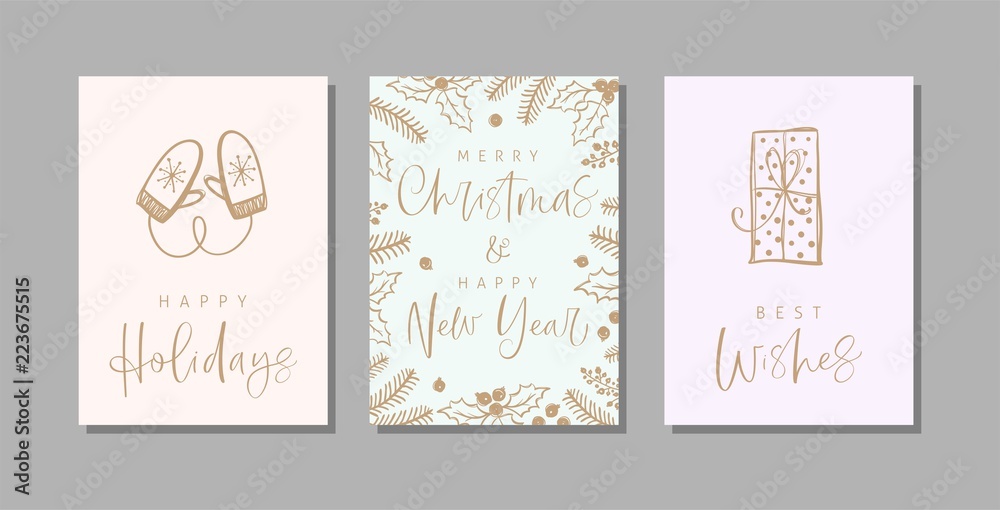 Wall mural set of christmas and happy new year greeting cards with handwritten calligraphy and hand drawn decor