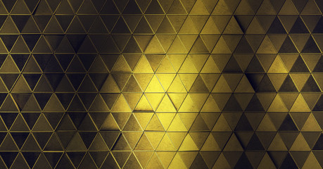 3d golden background. Abstract shiny, metal abstract rendered image. Wall made of golden triangles.