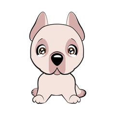 Vector illustration of cute dog in flat style shows sad emotion. Crying emoji. Smiley icon. Chat, communication, print, sticker. Isolated object on blue background. Unhappy.