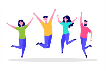 Happy Jumping group of people.  Healthy lifestyle, Friendship, Success, celebrating victory concept. Vector illustration