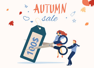 Autumn sale. Promo poster with people cut price tag.
