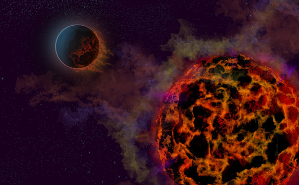 Planet Nibiru, covered with hot magma and surrounded by a poisonous nebula destroys the Earth or another planet