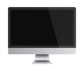 Computer monitor display with black screen isolated on white background.