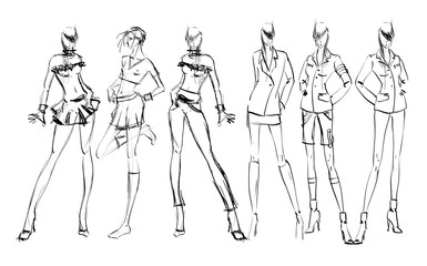 Sketch. Fashion Girls on a white background. Vector illustration