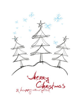 Hand drawn Christmas tree icons. Cute hand drawn childish invitation, greeting card. Holiday linear illustration for print, web