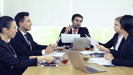 business people in a meeting. Colleagues and Boss talking new project about Education.