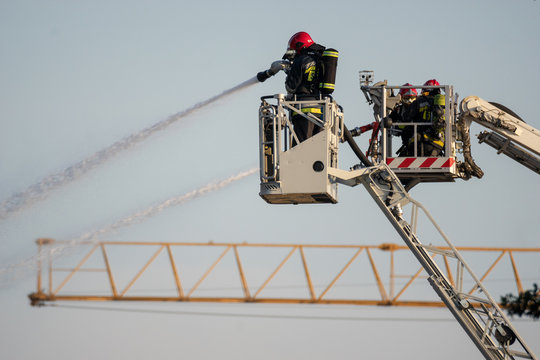 firefighters during the action of extinguishing a powerful fire of a recycling company.Poland, Szczecin