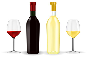 Bottles of red and white wine with glasses