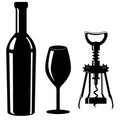 Glass and bottle of wine with corkscrew. Black silhouette