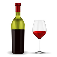 Open bottle of red wine with glass