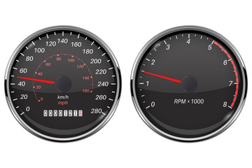 Speedometer and tachometer. Black gauge with metal frame