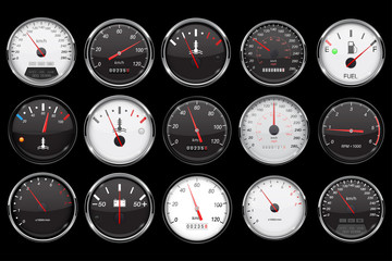 Car dashboard gauges. Collection of speed, fuel, temperature devices on black background - obrazy, fototapety, plakaty
