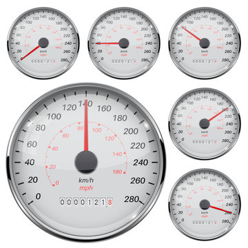 Speedometer. Kilometers and miles. Speed gauge with metal frame