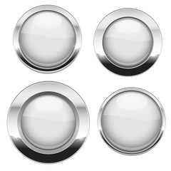 White buttons with chrome frame. Round glass shiny 3d icons