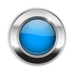 Blue round button. Glass 3d shiny icon with wide metal frame