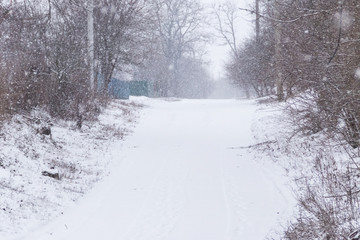 Snowy rural street during snowfall