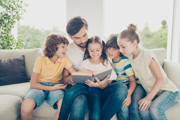 Portrait of family with one parent pre-teen many children spend 