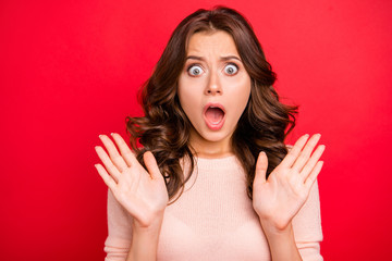 Horror, fear concept. Close up portrait of dumbfounded woman wit