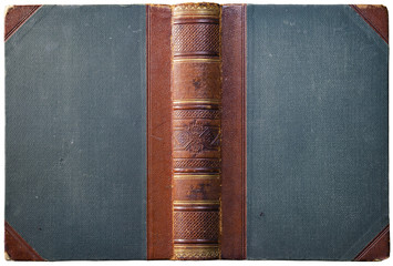 Old open book cover with embossed brown leather spine, cloth boards and abstract geometric...