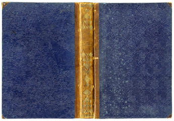 Old open book cover with leather spine, golden floral ornaments and unusual abstract embossed pattern on paper (circa 1850), isolated on white - perfect in detail!