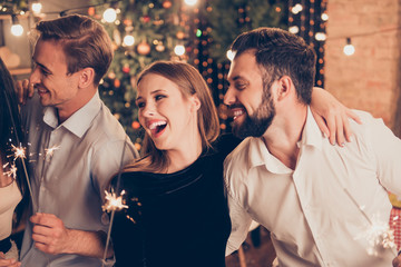 Portrait of ecstatic delight people, elegant adorable charming b