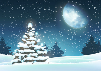 Obraz premium Christmas tree in snowy landscape with big moon